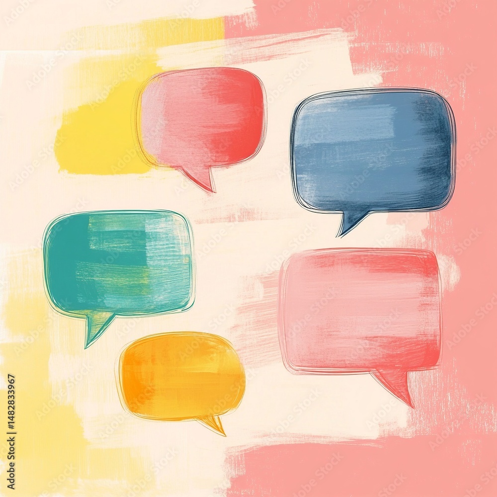 Poster Background filled with various pastel-toned speech bubbles, creating a soft and modern communication-themed visual, perfect for dialogue design.

