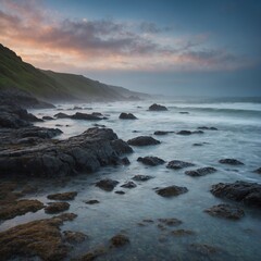 Soothing Shoreline Painting with Sky Mist