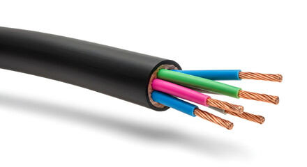 Close Up of Black Electrical Cable with Exposed Color Coded Copper Wires on White Background