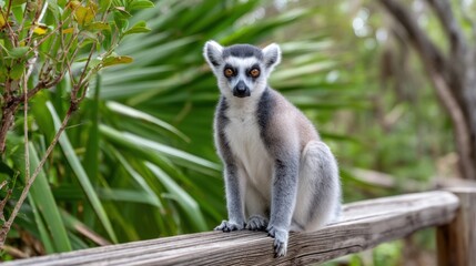 Curious lemur sitting on a wooden fence, looking into the camera with big eyes, tropical vegetation in the background, early morning light