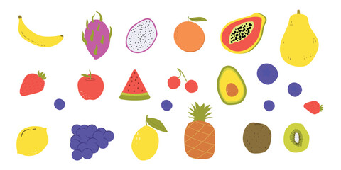 Summer set of colorful hand drawn fruit. Trendy abstract minimal style. Banana, dragon fruit, papaya, apple, kiwi, avocado and any. Collection of natural fruits, healthy food. Vector illustration