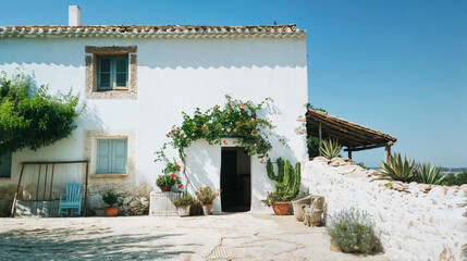 Exterior View of Mediterranean-Style House on Sunny Day