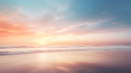 Fototapeta premium Blurred Beach Horizon with Soft Morning Sunlight and Gentle Coastal Glow for Serene Ocean Atmosphere
