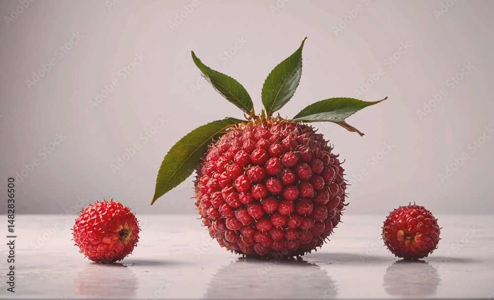 Poster red fruit with a leaf on top is placed on a table next to two other red fruits. concept of abundance