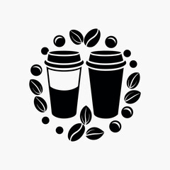 Coffee cups and beans icons vector silhouette on white background