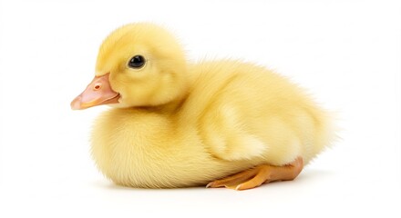 ふわふわ黄色い雛鳥 白い背景で穏やか This translates roughly to: "Fluffy yellow duckling, calm on a white background". It's under 120 characters and uses descriptive adjectives.. AI Generated