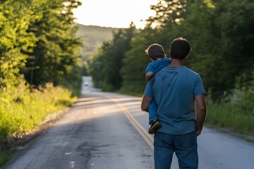 Father and Son Walking Together on a Forest Path in Autumn – Back View Family Bonding Moment