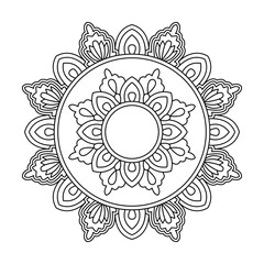 Handcrafted Botanical Swirl Mandala in Black and White Coloring Book Page