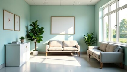 Friendly and clean doctor's office waiting area with comfortable seating and calming decor , clinic, interior