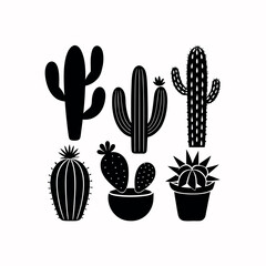 Different type of cactus set vector silhouette on white background