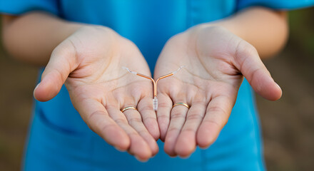 Close Up of Woman Holding Copper IUD in Hands With Green Background Medical Contraception Reproductive Health Device