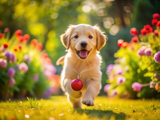 Golden Retriever Puppy Playing in Sunny Garden, Happy Dog, Summer Fun