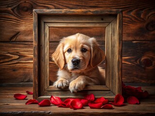 Golden Retriever Puppy in Wooden Frame with Red Roses - Adorable Pet Stock Photo