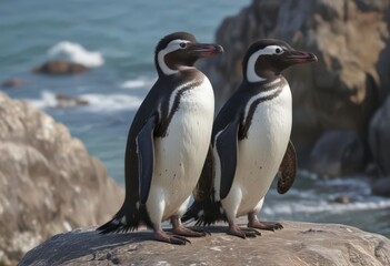 Fototapeta premium Humboldt penguin preening its feathers on a rocky shore , coastal bird, aquatic bird, peru