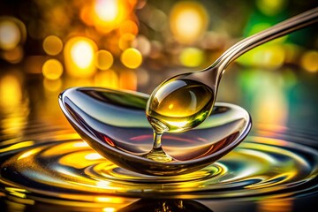 Golden Olive Oil Drop Pouring on Spoon, Double Exposure Photography Stock Photo