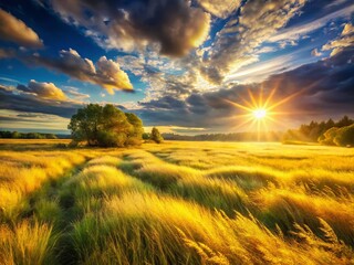 Golden Meadow Serenity: Long Exposure Photo of Sunlit Grassland Under Vibrant Blue Sky