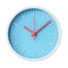 Minimalist clock design featuring a light blue face and red hands isolated