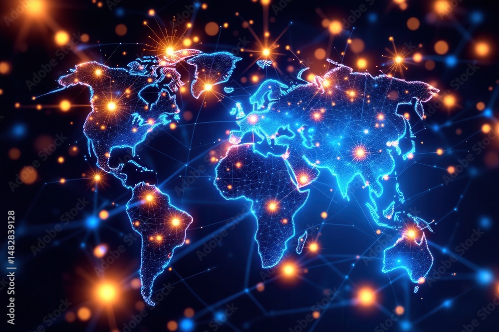 Fototapete A digital world map illuminated with glowing connections and network points, representing global communication and technology.