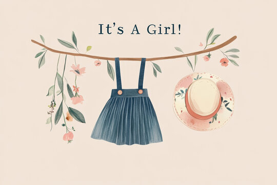 Baby Girl Announcement Watercolor Design. A charming watercolor illustration announcing a baby girl, featuring a dress, a hat, and floral accents for a heartwarming design. - Powered by Adobe