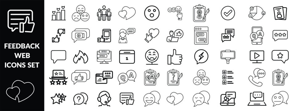Feedback set of web icons in line style. Feedback and Review icons for web and mobile app. Customer relationship management. Star rating, satisfaction, emotion, testimonials, quick response, 