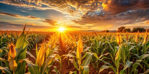 Golden Hour Cornfield: Ripe Corn Grains at Sunset Landscape Photography