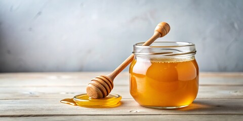 Golden Honey in Jar with Wooden Spoon &ndash; Isolated White Background Stock Photo