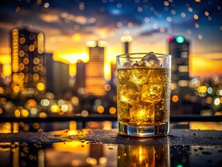 Golden Highball Cocktail at Dusk, Urban Skyline Backdrop - Evening Drink