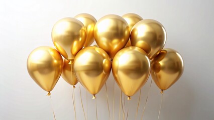 Golden Helium Balloons Floating, Isolated White Background - Perfect for Celebrations