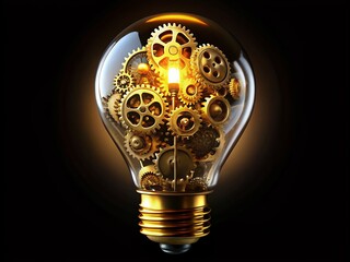Golden Gear Light Bulb - Intricate Mechanical Design on Black