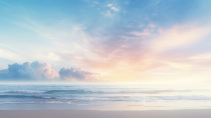Fototapeta premium Blurred Beach Horizon with Soft Morning Sunlight and Gentle Coastal Glow for Serene Ocean Atmosphere