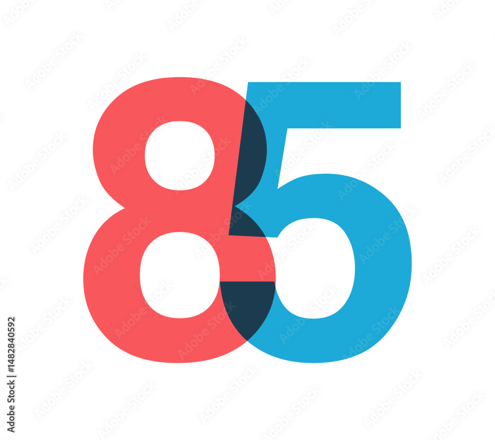 Poster overlapping red and blue 85 digits with transparent effect, evokes modernity, joy, energy. anniversa