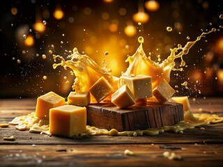 Golden Cheese Cubes Splashing in Rich Broth - Gourmet Food Photography