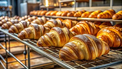 Golden Brown Croissants Cooling on Rack in Busy Bakery Kitchen