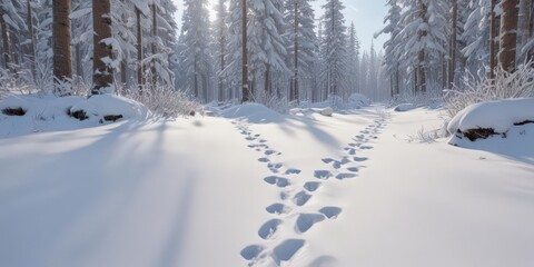 Obraz premium Deep bear tracks in untouched snowdrift, snowy forest , wildlife, frozen, untouched