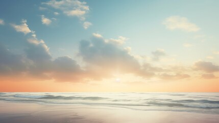 Fototapeta premium Blurred Beach Horizon with Soft Morning Sunlight and Gentle Coastal Glow for Serene Ocean Atmosphere