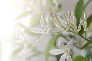 Naklejka premium Delicate white jasmine flowers blooming softly in a bright and airy composition with green foliage and subtle lighting