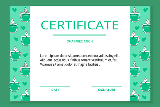 Spa and wellness-themed certificate template with candles and hearts. Calm green layout for yoga award, appreciation, meditation program or relaxation course. Vector illustration.