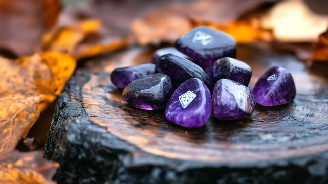 A close-up of deep purple amethyst rune stones resting on an aged wooden slab, surrounded by vibrant autumn leaves, symbolizing spiritual insight and ancient knowledge.