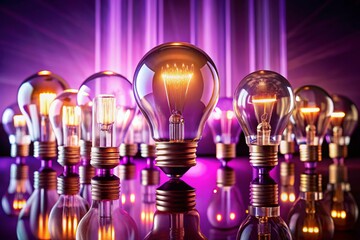 Glowing Purple Array of Innovative Light Bulbs: Modern Energy Efficiency Design