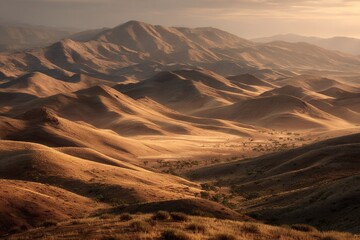 Naklejka premium Majestic Desert Landscape Rolling Sand Dunes and Golden Hills at Sunset