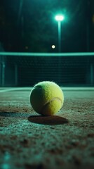 Illuminated tennis ball resting on court at night.