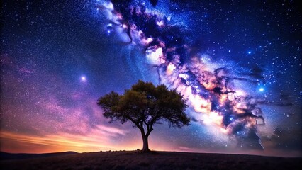 Glowing Night Tree: Mystical Celestial Landscape Photography