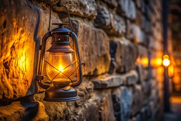 Glowing Lantern on Weathered Stone Wall - Night Photography Stock Photo