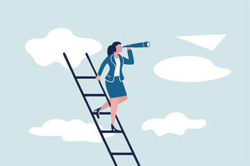 Woman leadership, new diversity world directed by lady leader concept, confidence executive businesswoman company or country leader standing on ladder of success using telescope for future vision.