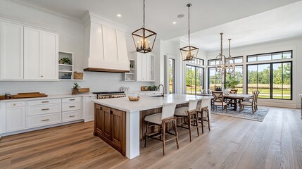 Open-concept kitchen with large island, white cabinets, hardwood floors, and panoramic views of a landscape.