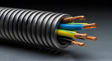Corrugated Flexible Metallic Conduit with Insulated Copper Wires in Close Up and Dark Gray Background