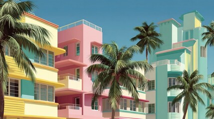 Fototapeta premium Pastel Art Deco Architecture Tropical Palm Tree Lined Street