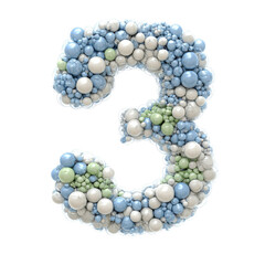 Obraz premium Creative number three made from light blue, white, and green marbles forming a three shape artistic design