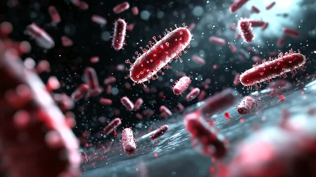 A high-detail scientific visualization of bacteria mutating under stress, demonstrating antibiotic resistance and the importance of medical research.