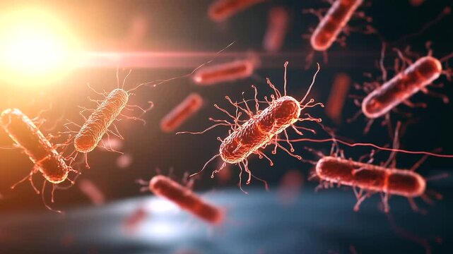A high-detail scientific visualization of bacteria mutating under stress, demonstrating antibiotic resistance and the importance of medical research.